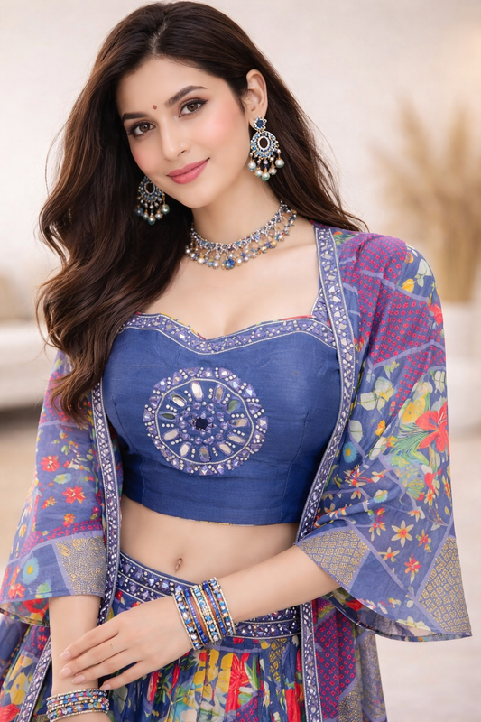 Royal Indigo Indo-Western Lehenga Set with Cape Dupatta