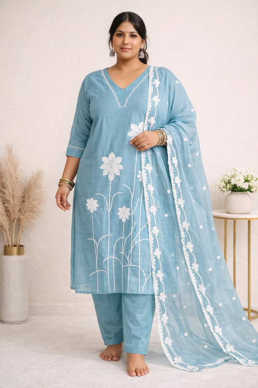 Aqua Bloom Plus-Size Hand-Embroidered Kurti Set