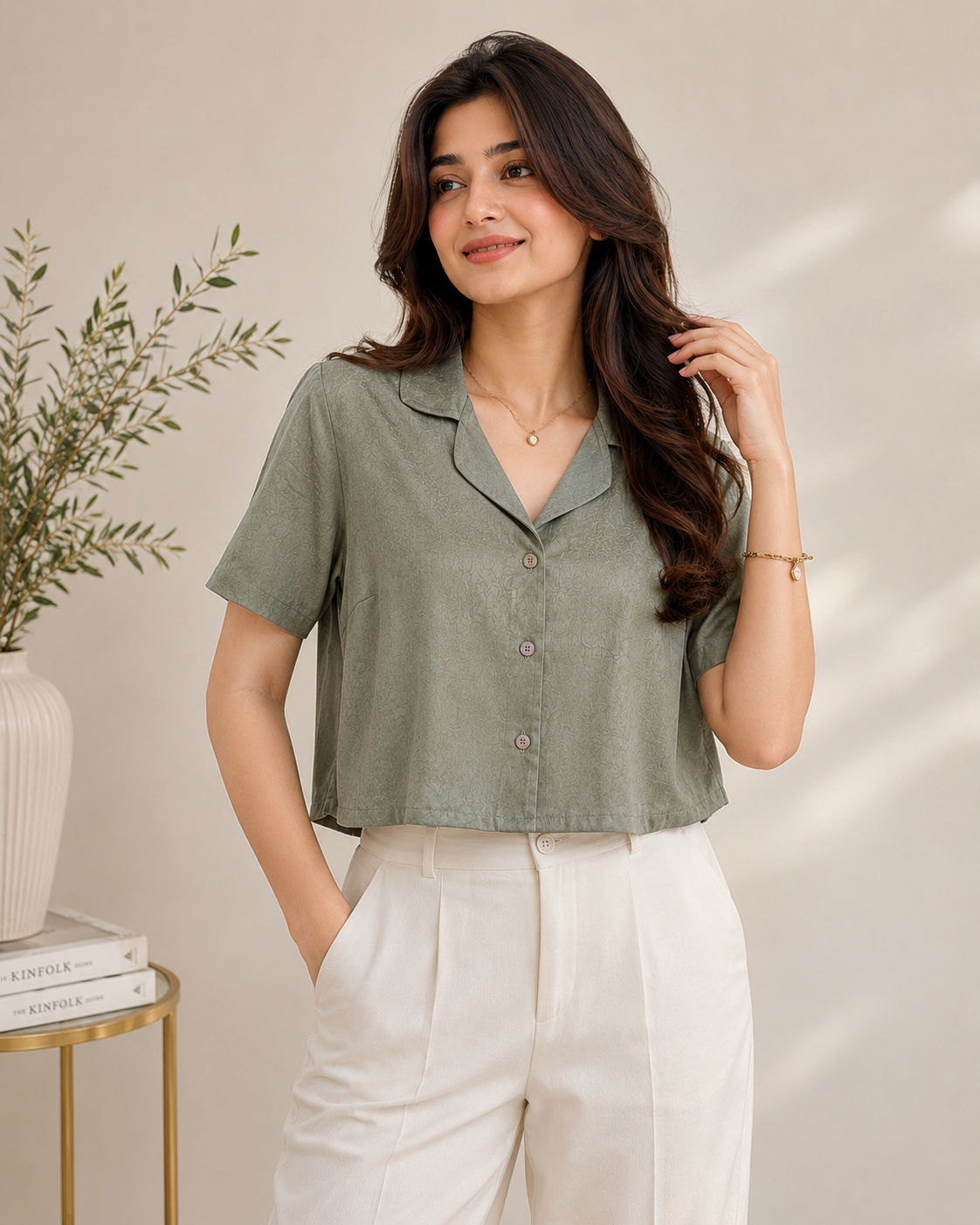 Sage Grey Textured Crop Shirt Top