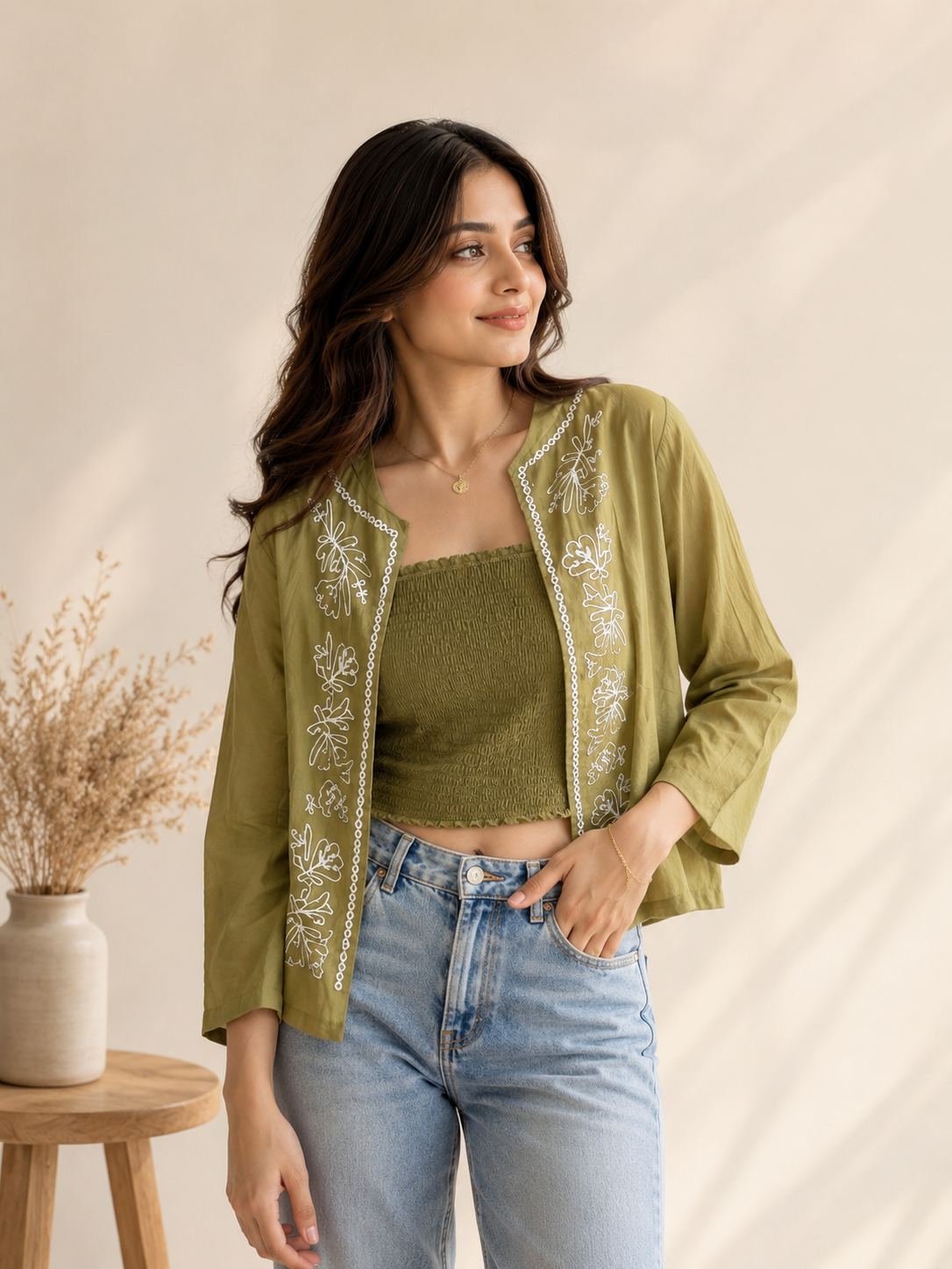 Olive Embroidered Co-ord Top Set