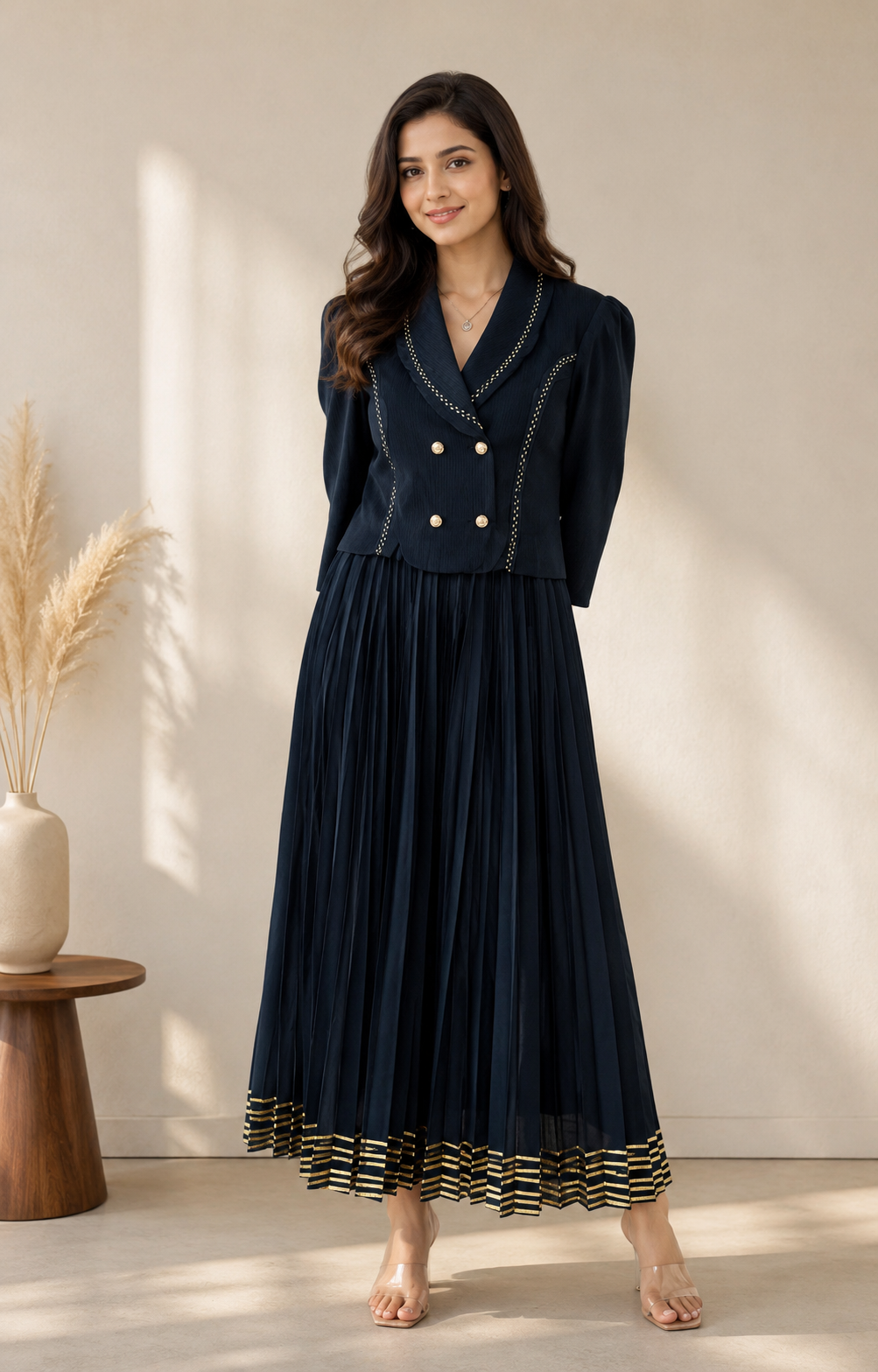Midnight Navy Pleated One-Piece Dress