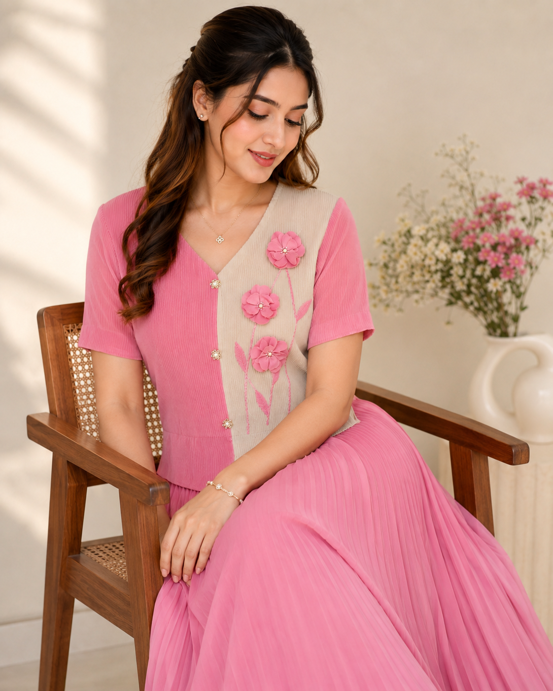 Pink Floral Pleated One-Piece Dress
