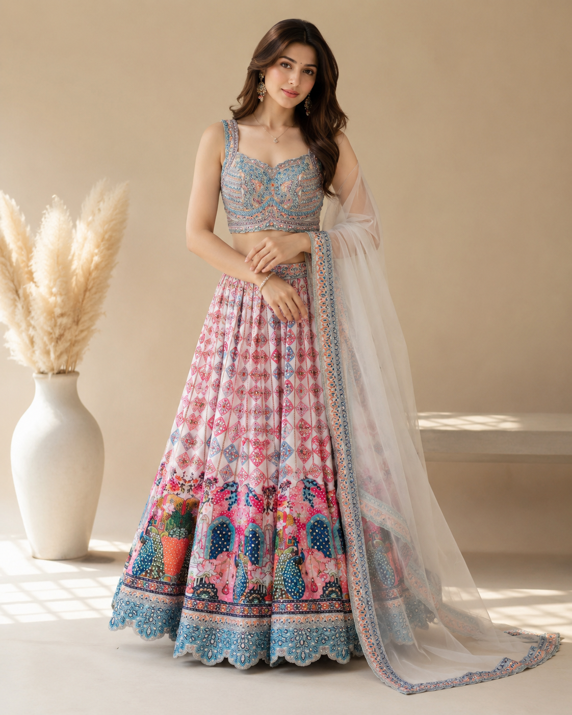 Pastel Handworked Crop Top Lehenga Set
