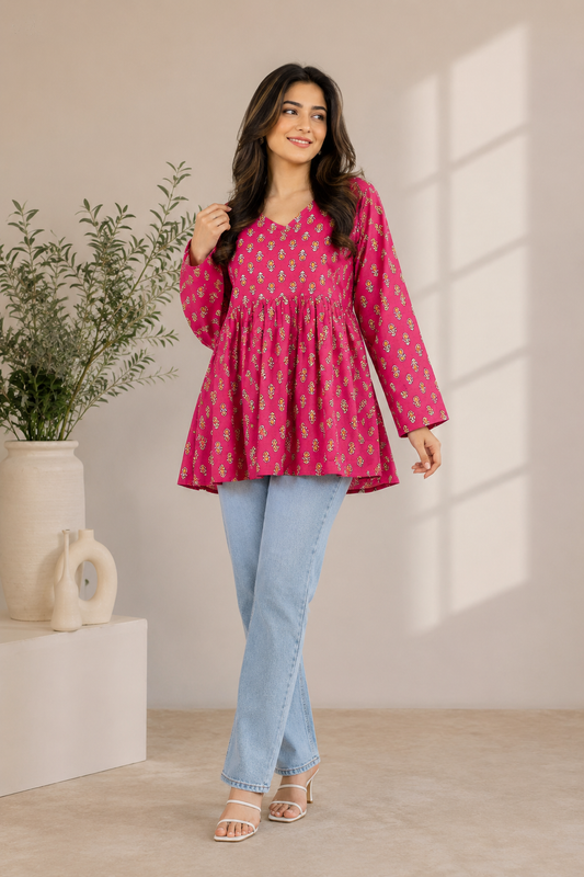 Pink Handblock Print Short Kurti 💖
