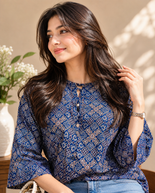 Blue Bloom Cotton Short Kurti