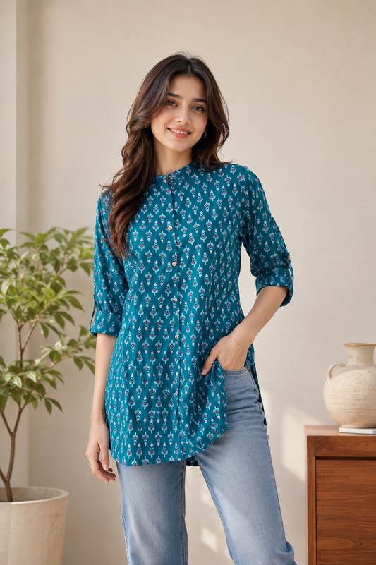 Blue Bloom Cotton Short Kurti 💙