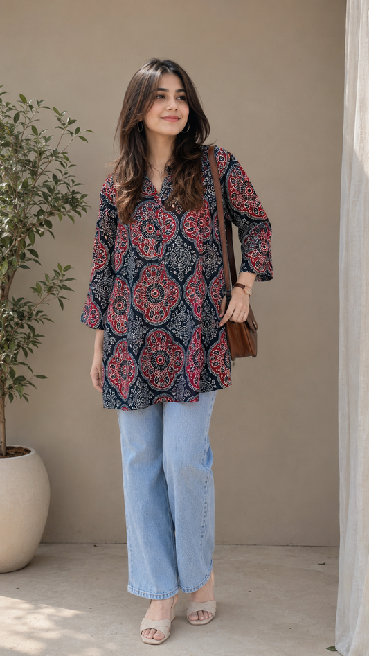 Midnight Bloom Cotton Short Kurti