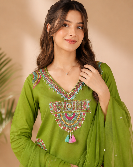Olive Green Embroidered Cotton Kurti Set