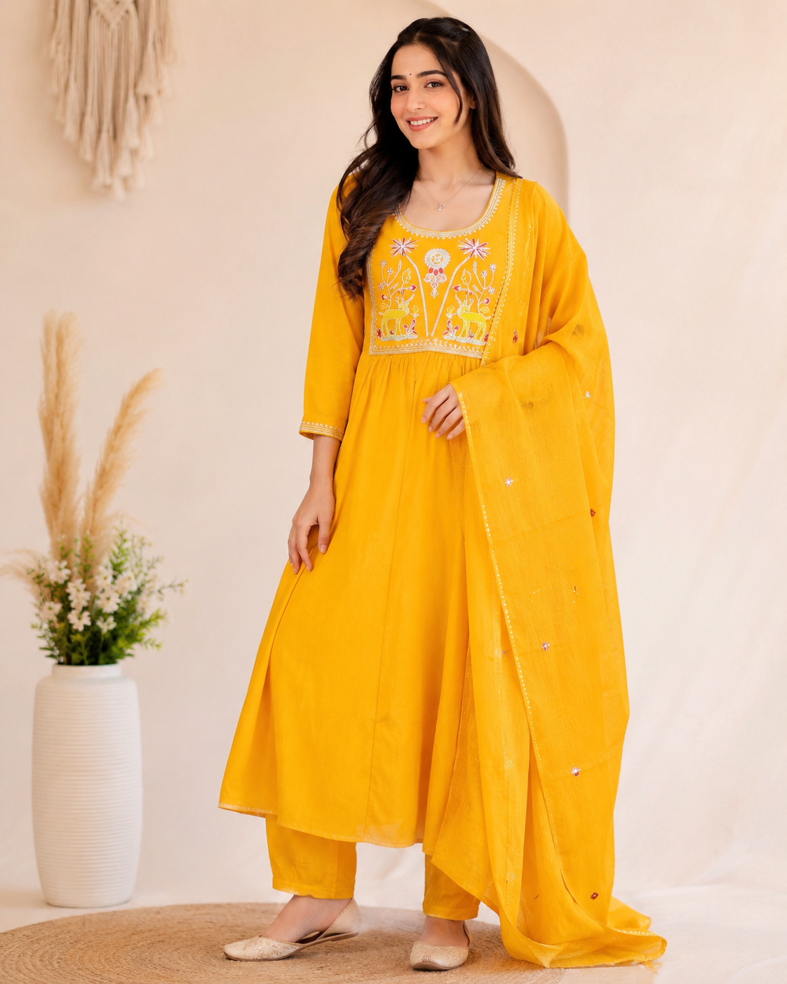 Mustard Yellow Cotton Kurti Set