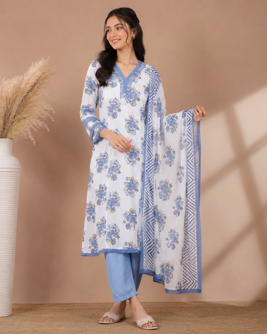 Azure Bloom Cotton Kurti Set
