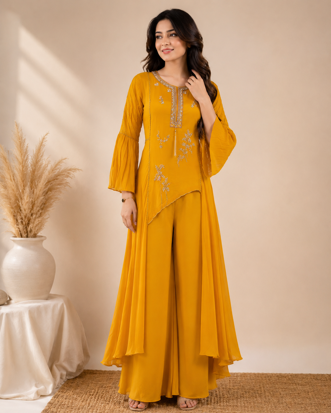 Mustard Yellow Handwork Palazzo Set