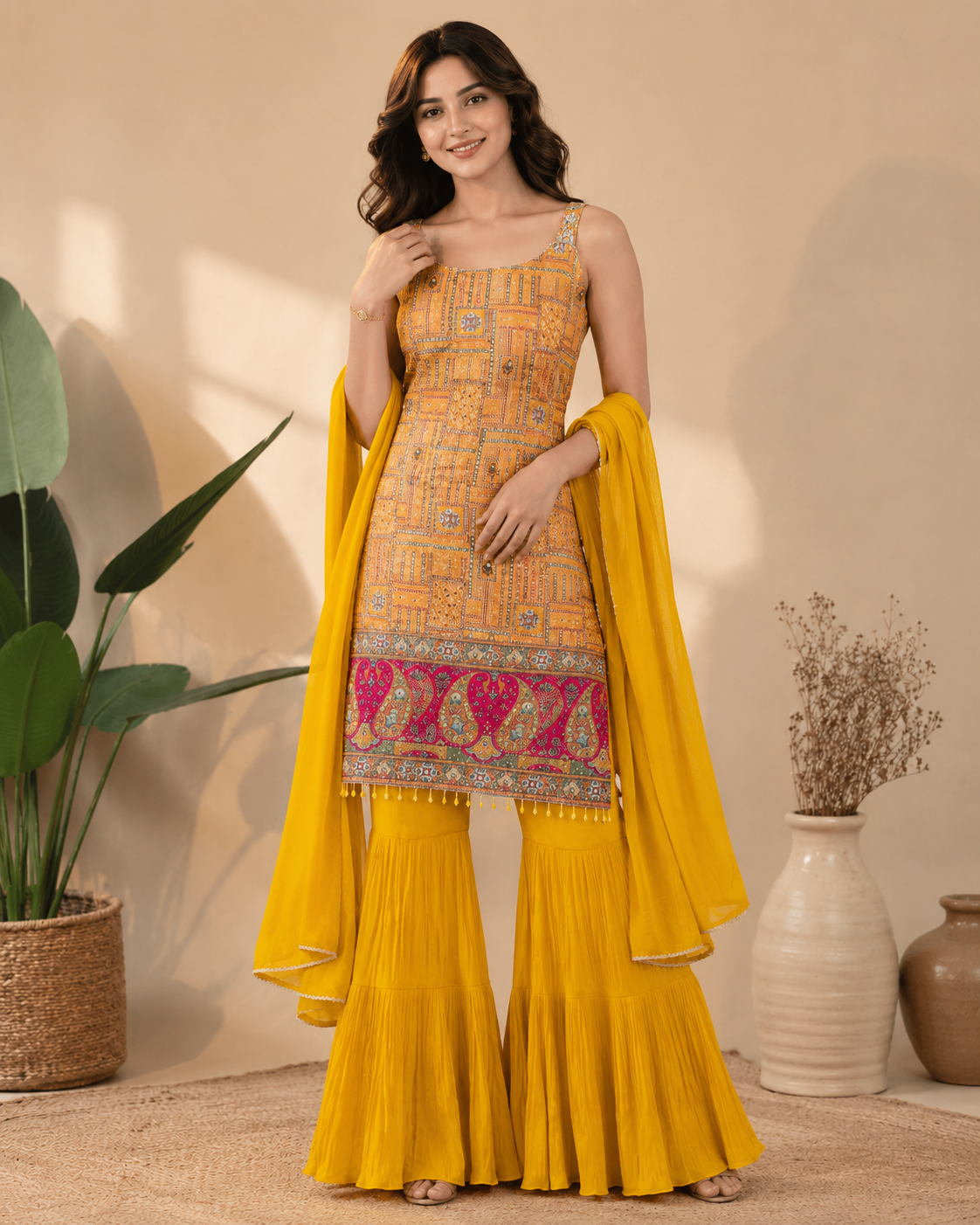 Mustard Yellow Printed Kurta Set with Sharara