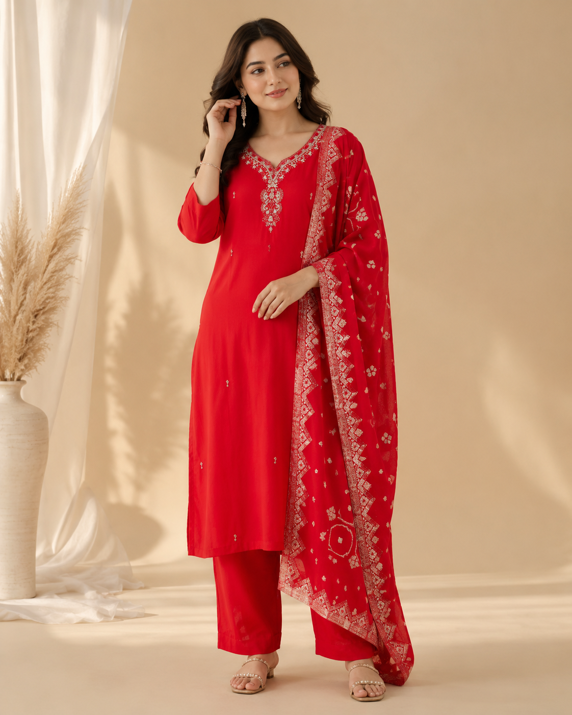 Ruby Red Handworked Kurti Set with Dupatta