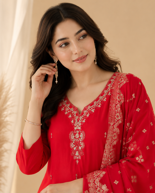 Ruby Red Handworked Kurti Set with Dupatta