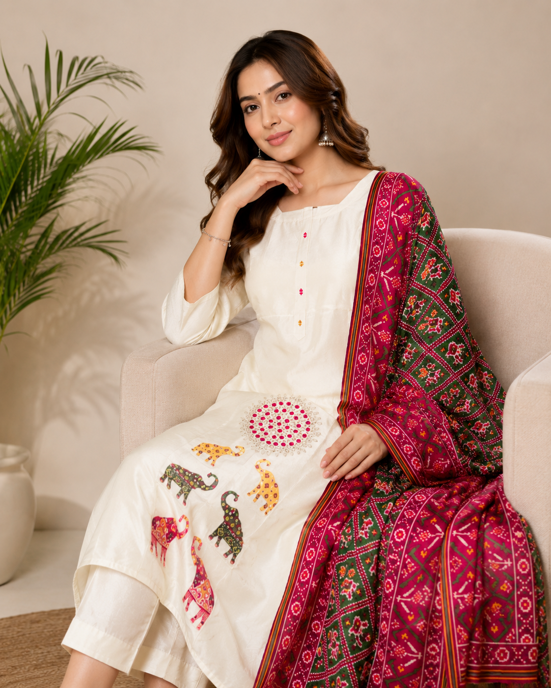 Ivory Elephant Patch Kurti Set with Patola Dupatta