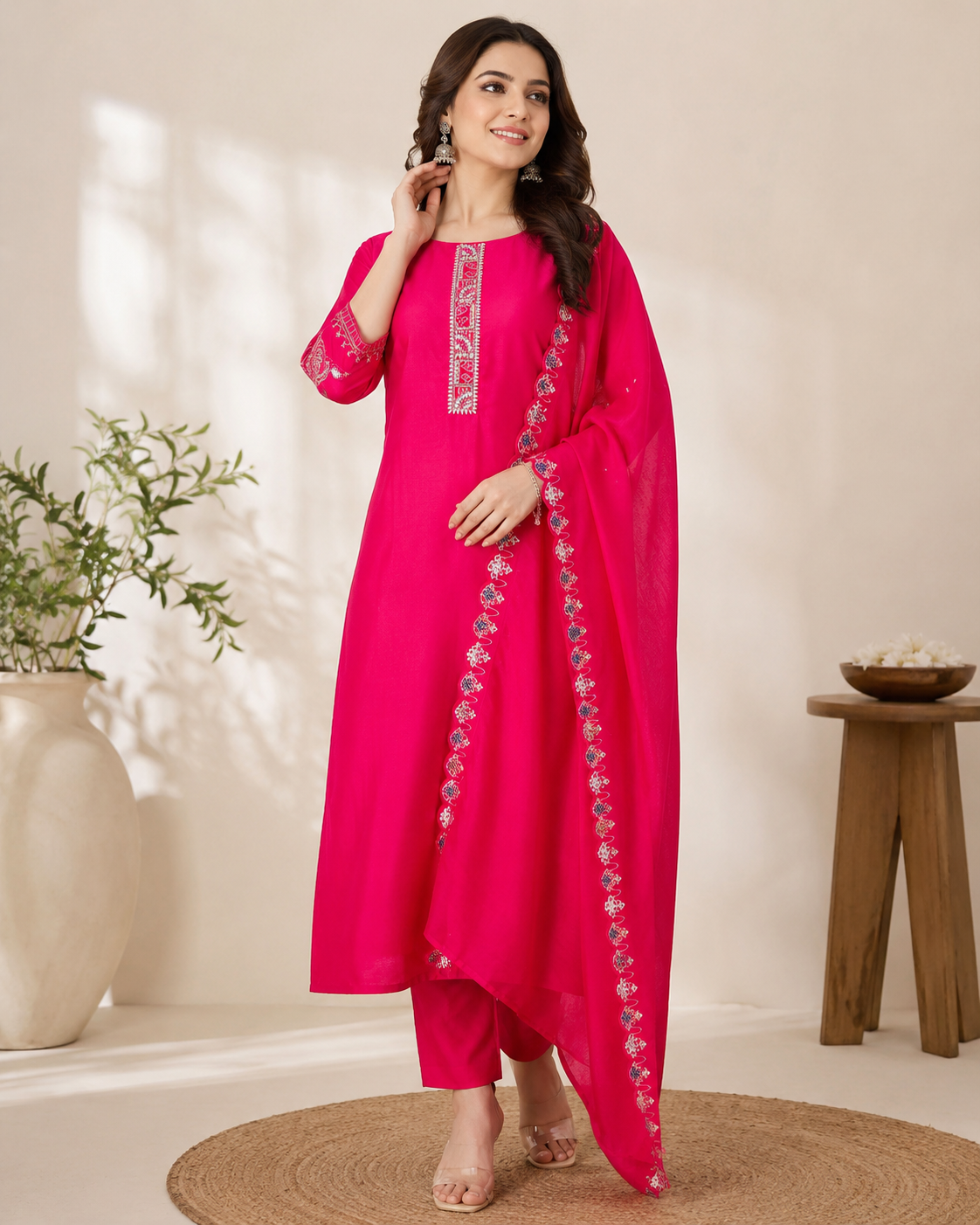 Rani Pink Handworked Kurti Set