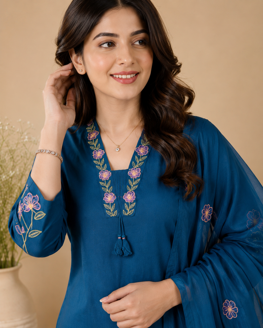 Teal Embroidered Kurta Set with Dupatta