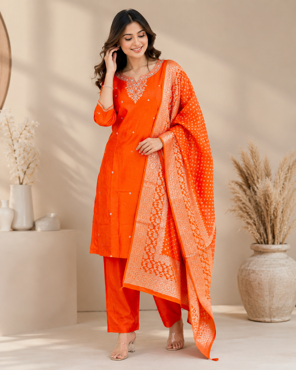 Radiant Orange Pure Fabric Kurti Set with Banarasi Dupatta