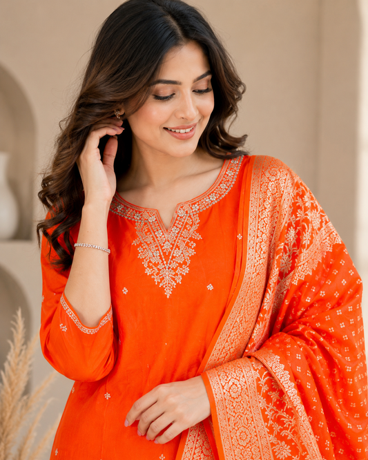 Radiant Orange Pure Fabric Kurti Set with Banarasi Dupatta