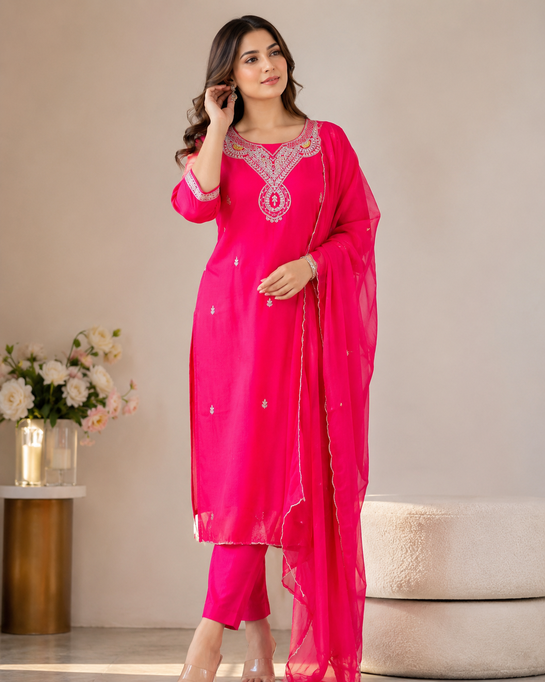 Rani Pink Pure Handwork Kurti Set
