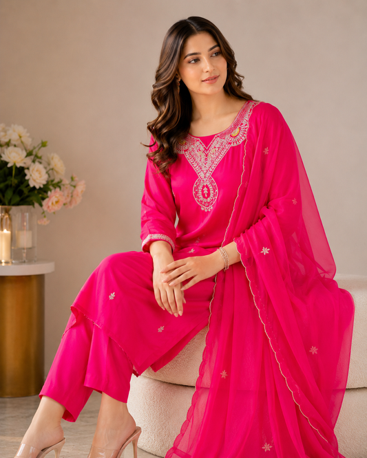 Rani Pink Pure Handwork Kurti Set