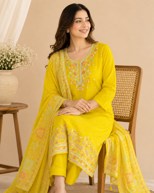 Sunshine Yellow Embroidered Kurti Set