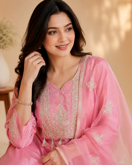 Pink Embroidered Kurti Set