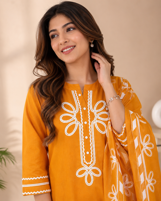 Premium Mustard Bloom Cotton Kurti Set