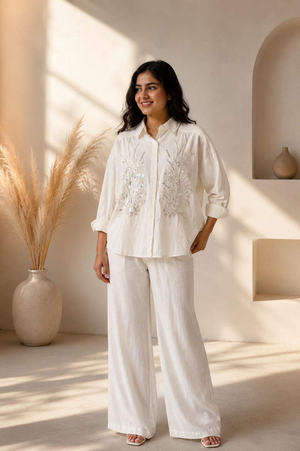 White Sequined Partywear Shirt