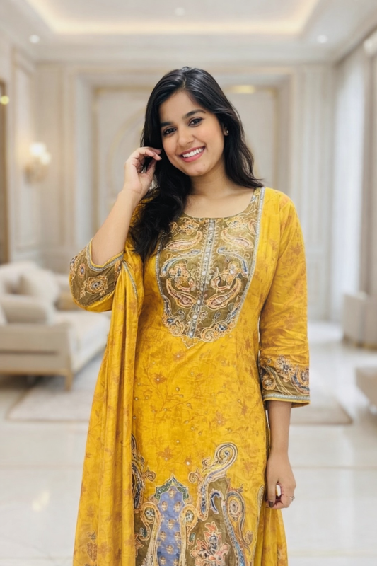 Premium Mustard Kalamkari Handwork