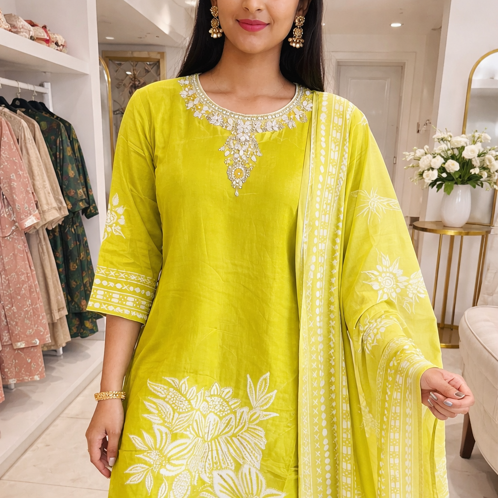 Premium Pure Crepe Lime Green Kurti Set