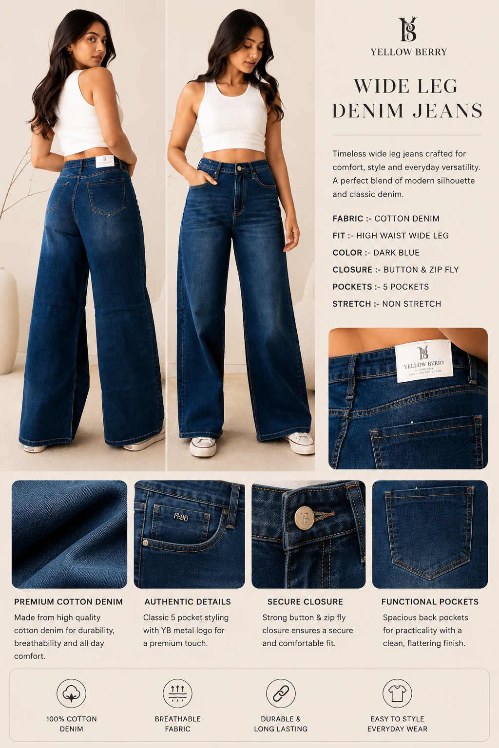 Wide Leg Cotton Denim Jeans