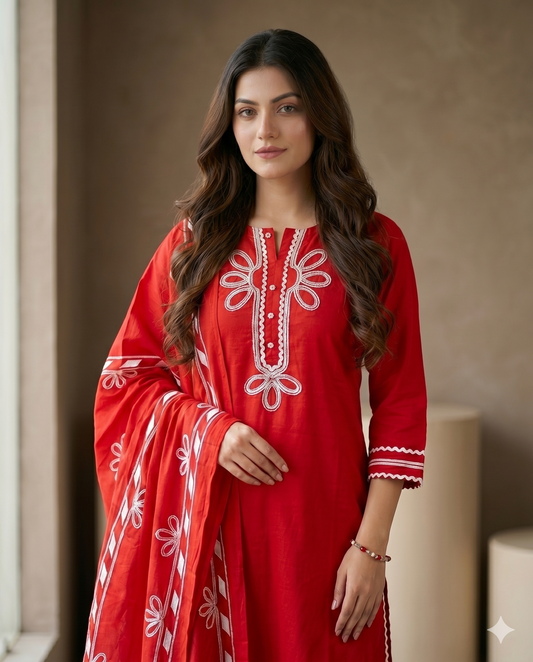 Vibrant Red Floral Embroidered Short Kurti Set