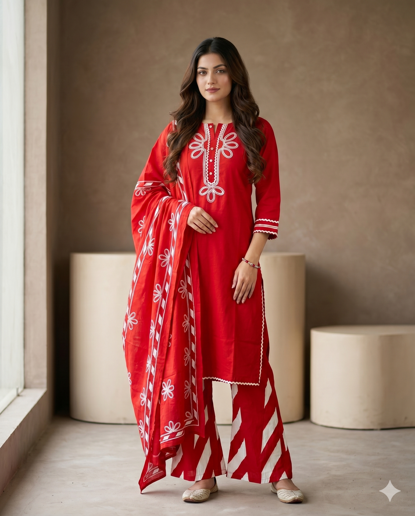Vibrant Red Floral Embroidered Short Kurti Set