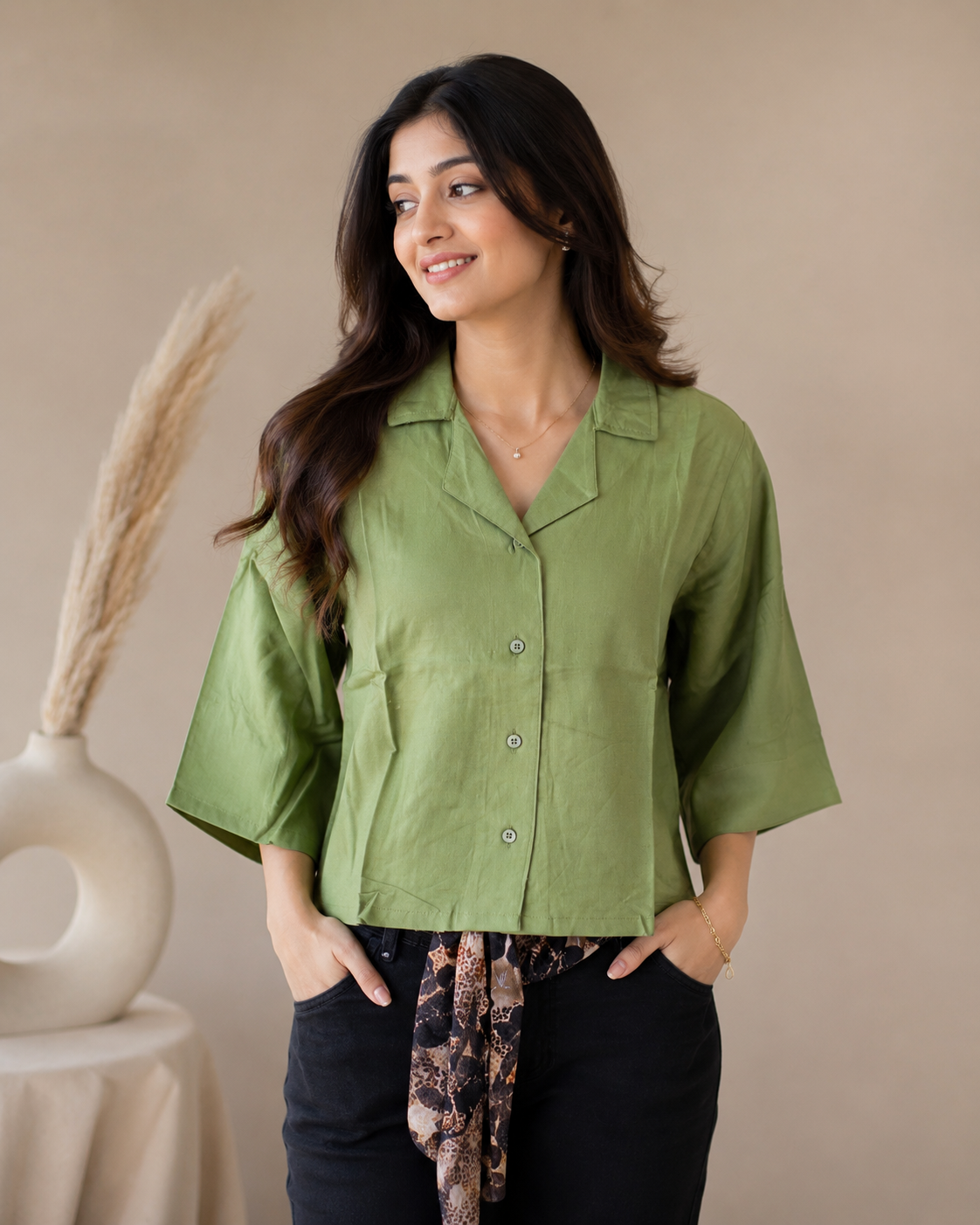 Olive Luxe Tie-Up Shirt Top