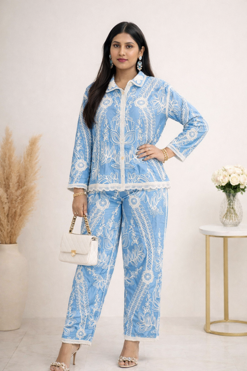 DENIM CORD SET EMBROIDED