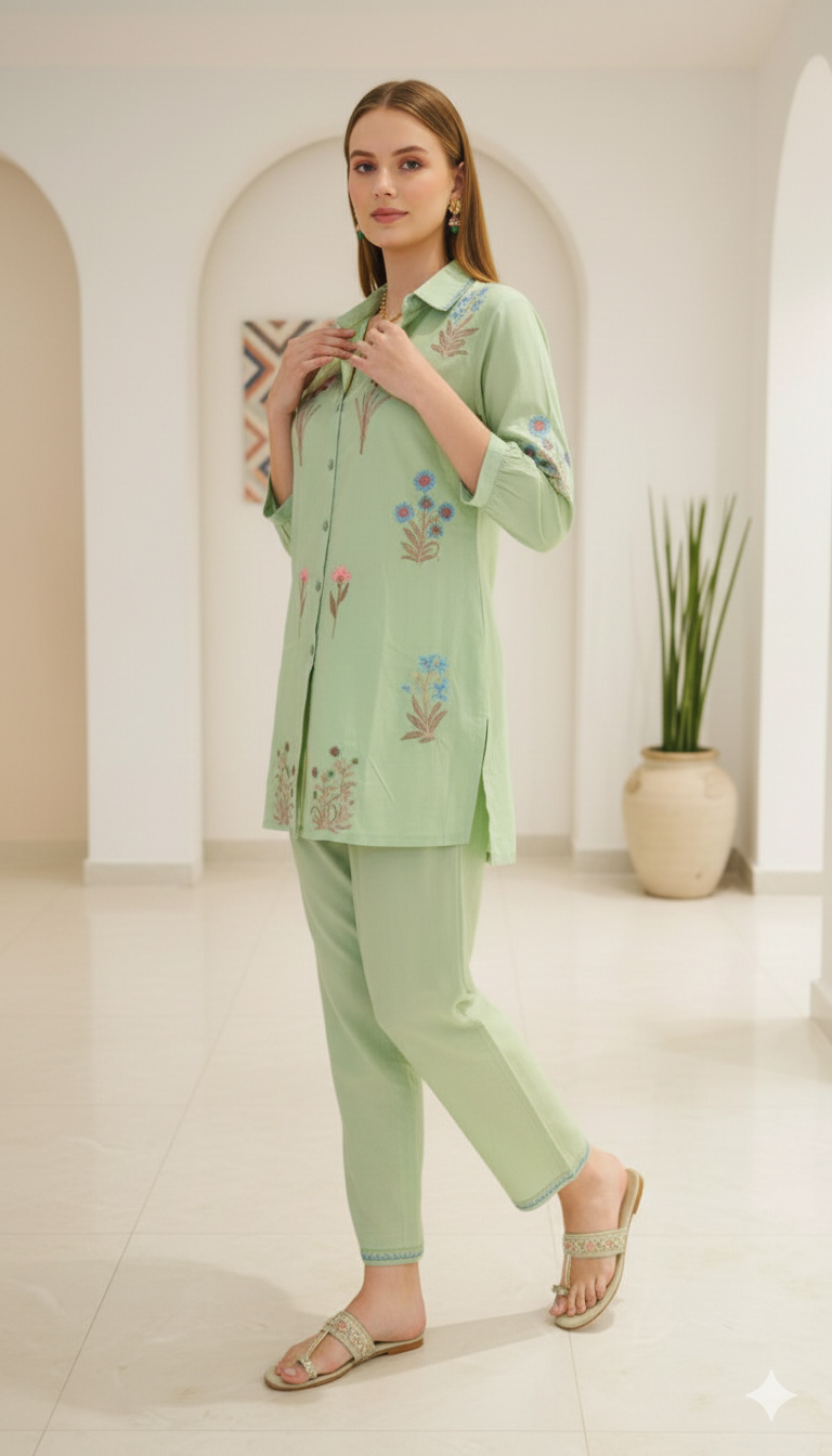 Sage Floral Embroidered Cotton Co-ord Set
