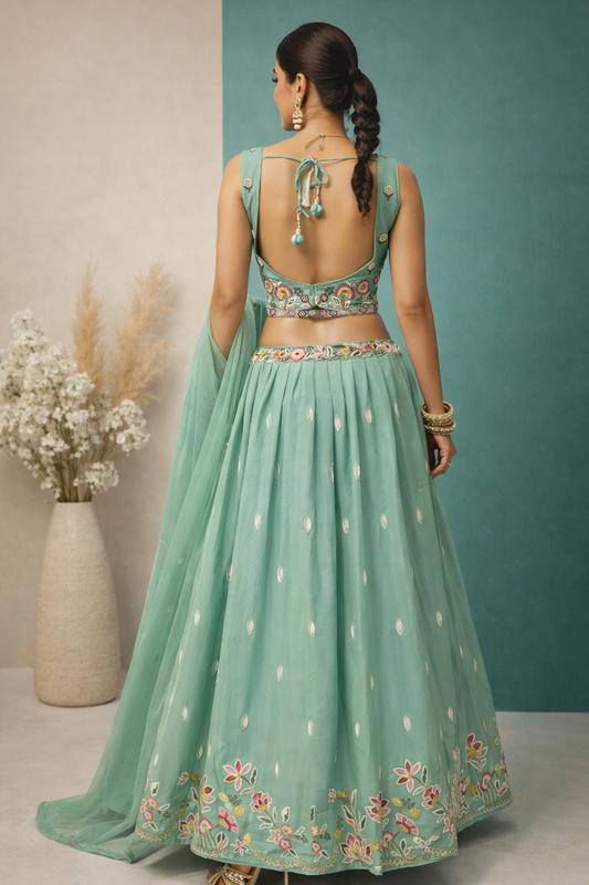 Aqua Bloom Hand-Embroidered Lehenga Set
