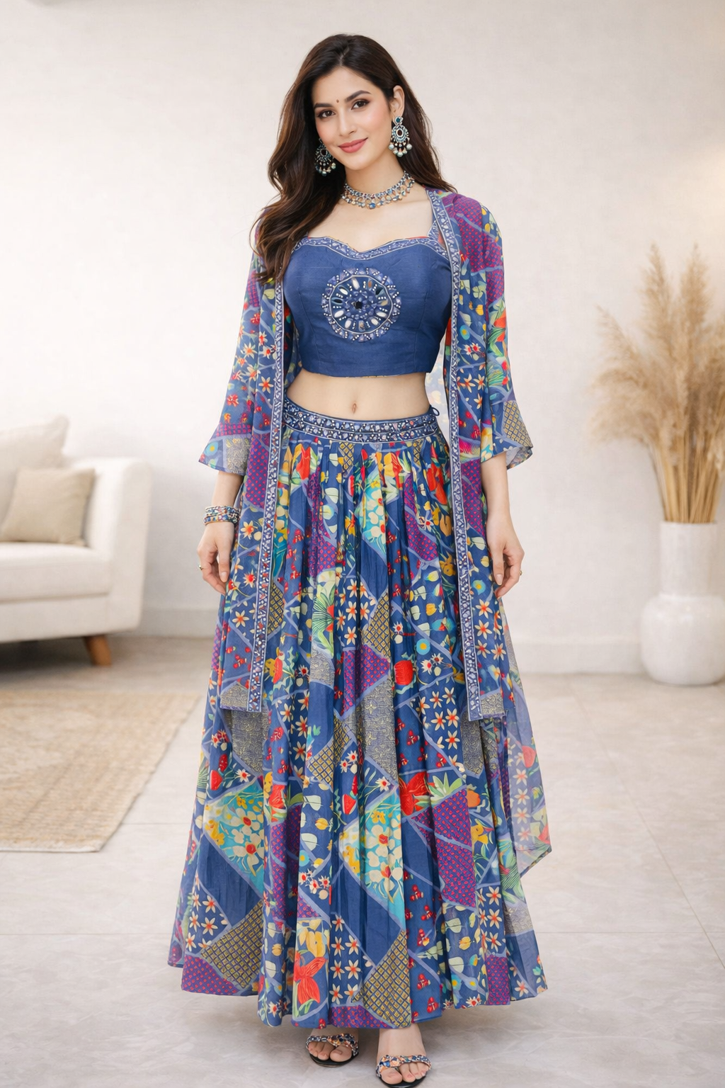 Royal Indigo Indo-Western Lehenga Set with Cape Dupatta