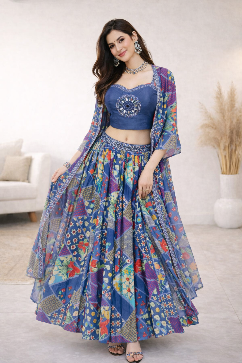 Royal Indigo Indo-Western Lehenga Set with Cape Dupatta