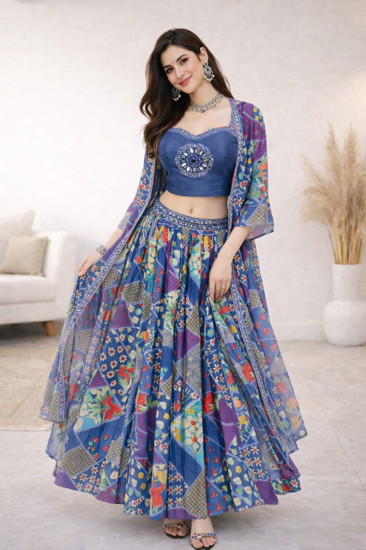 Royal Indigo Indo-Western Lehenga Set with Cape Dupatta