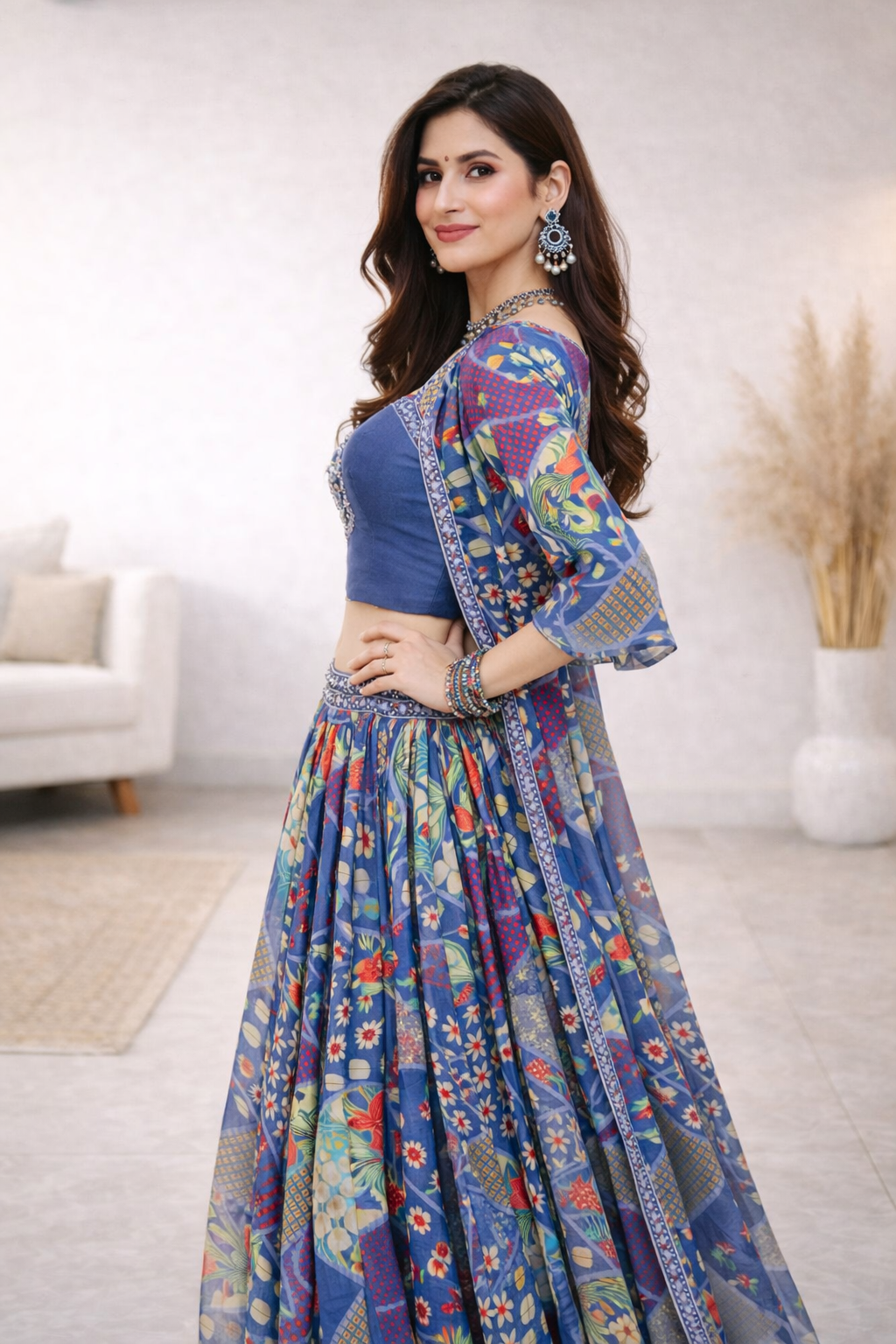 Royal Indigo Indo-Western Lehenga Set with Cape Dupatta