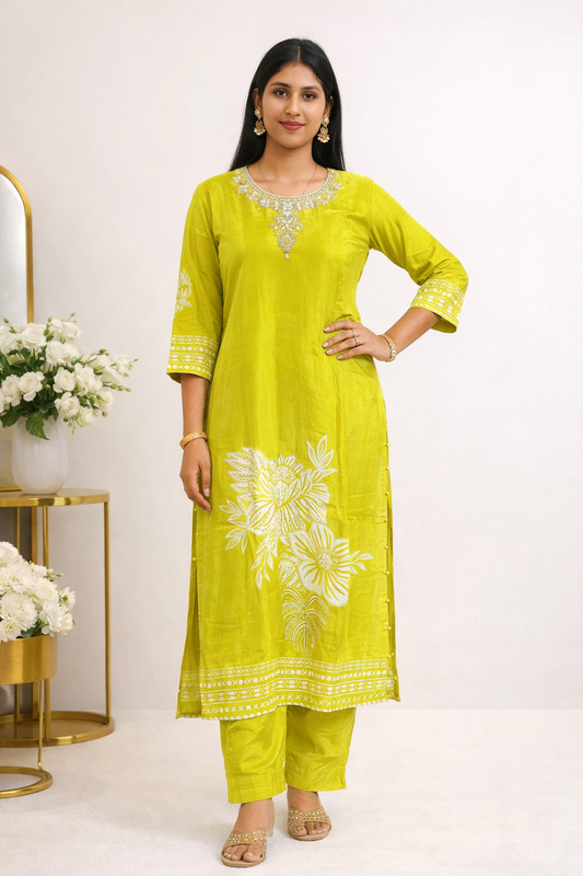 Premium Pure Crepe Lime Green Kurti Set