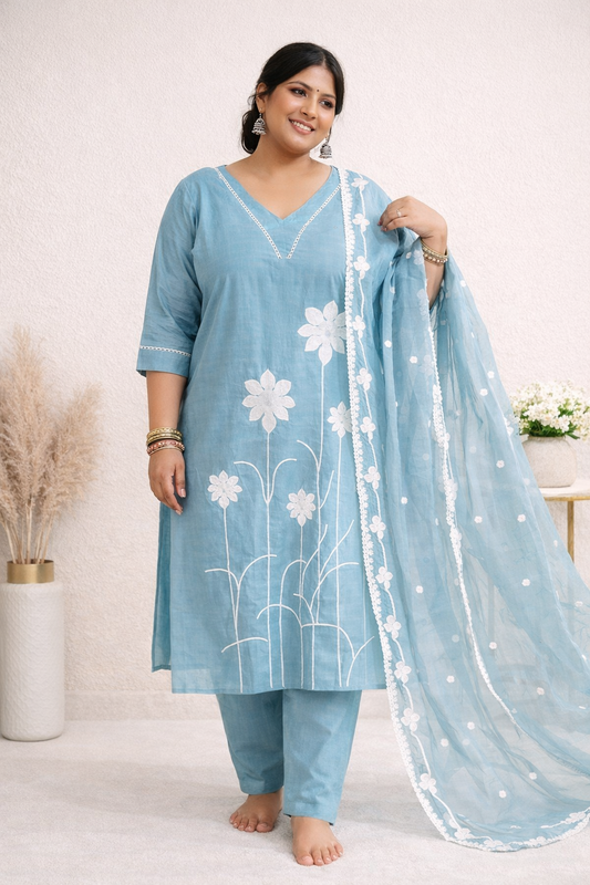 Aqua Bloom Plus-Size Hand-Embroidered Kurti Set