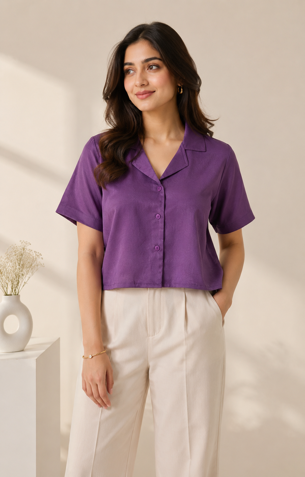 Purple Satin Collared Crop Top