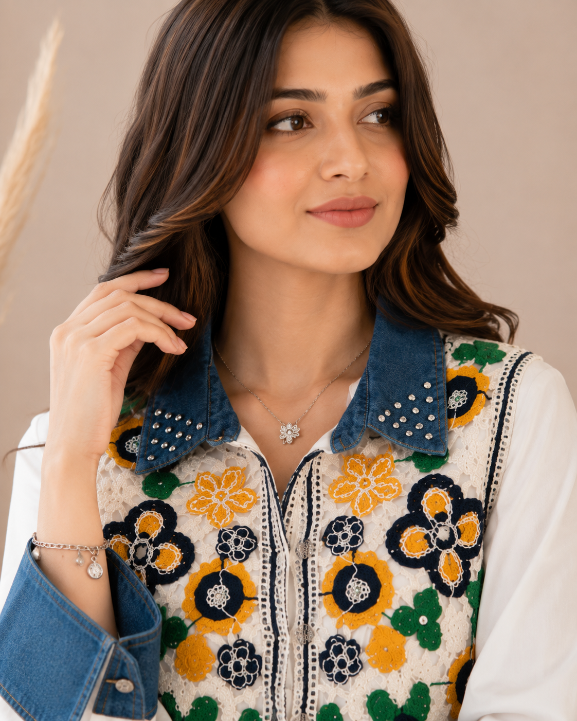 Floral Embellished Crochet Layered Shirt Top
