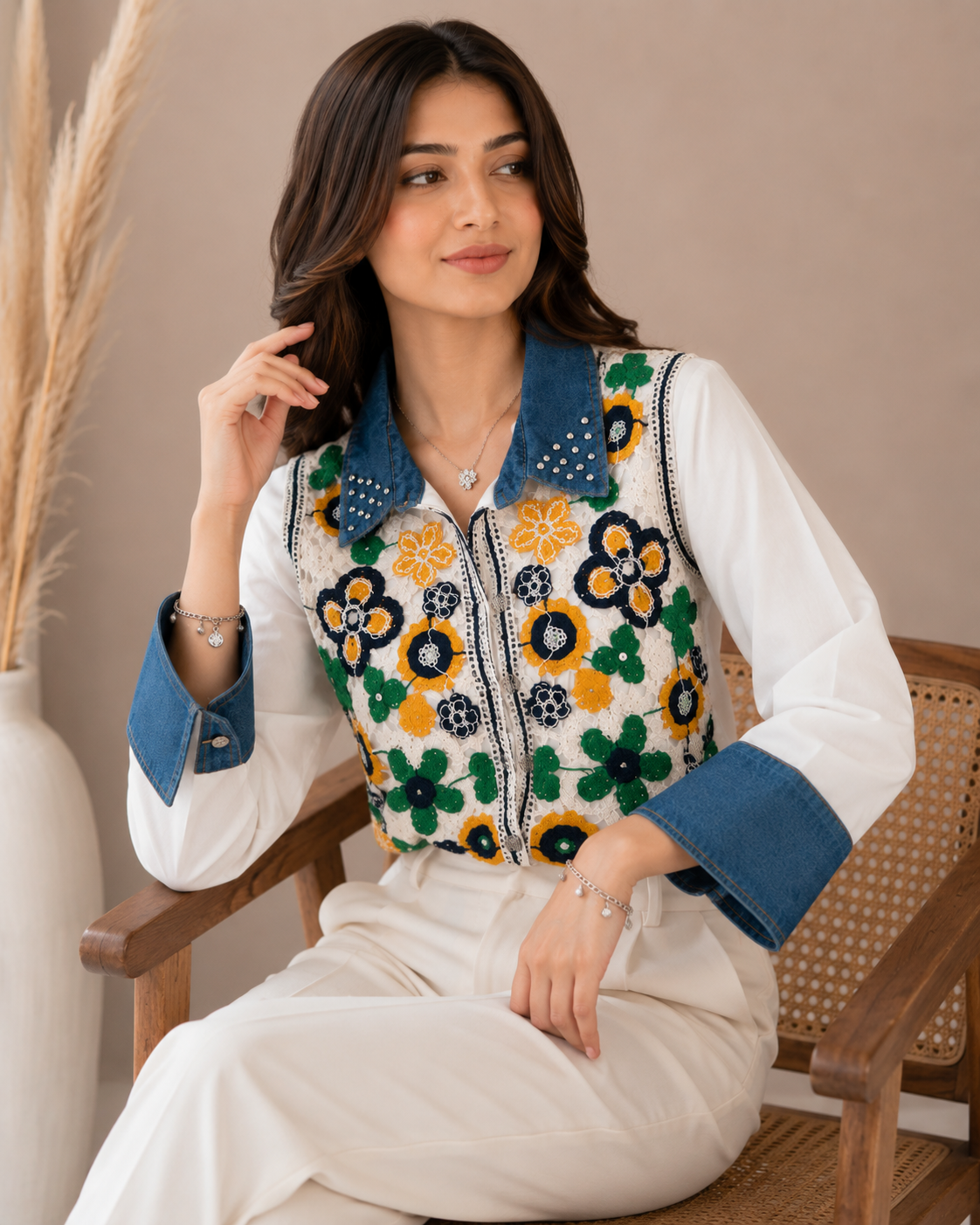 Floral Embellished Crochet Layered Shirt Top
