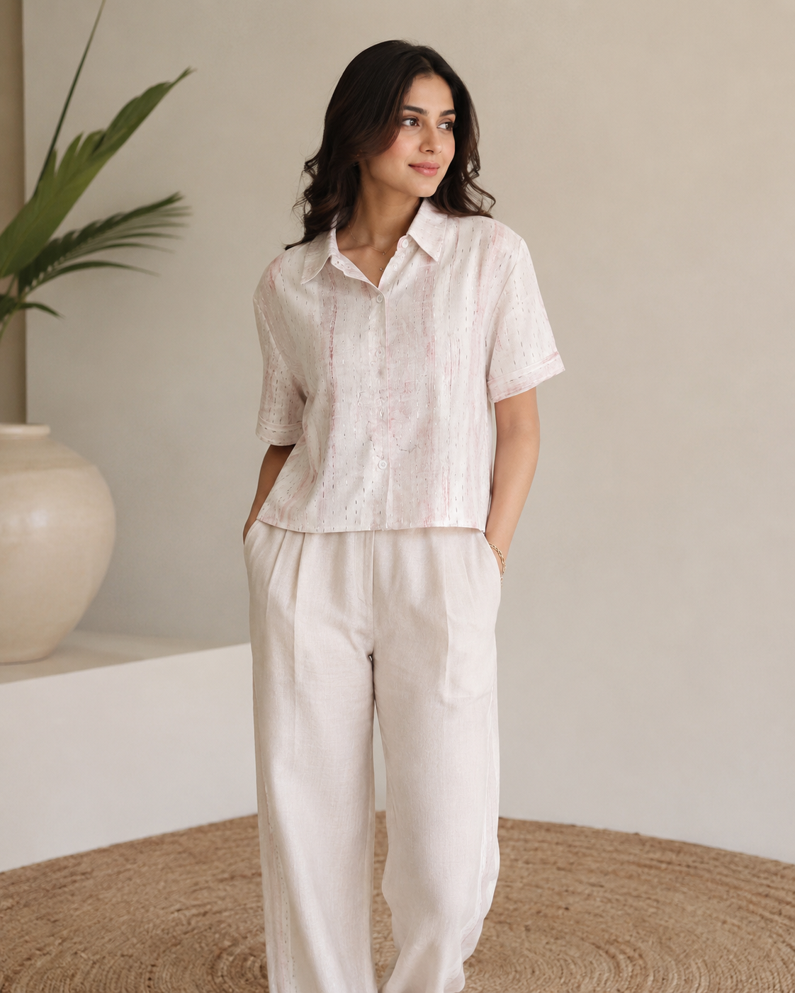 Pastel Textured Collared Shirt Top