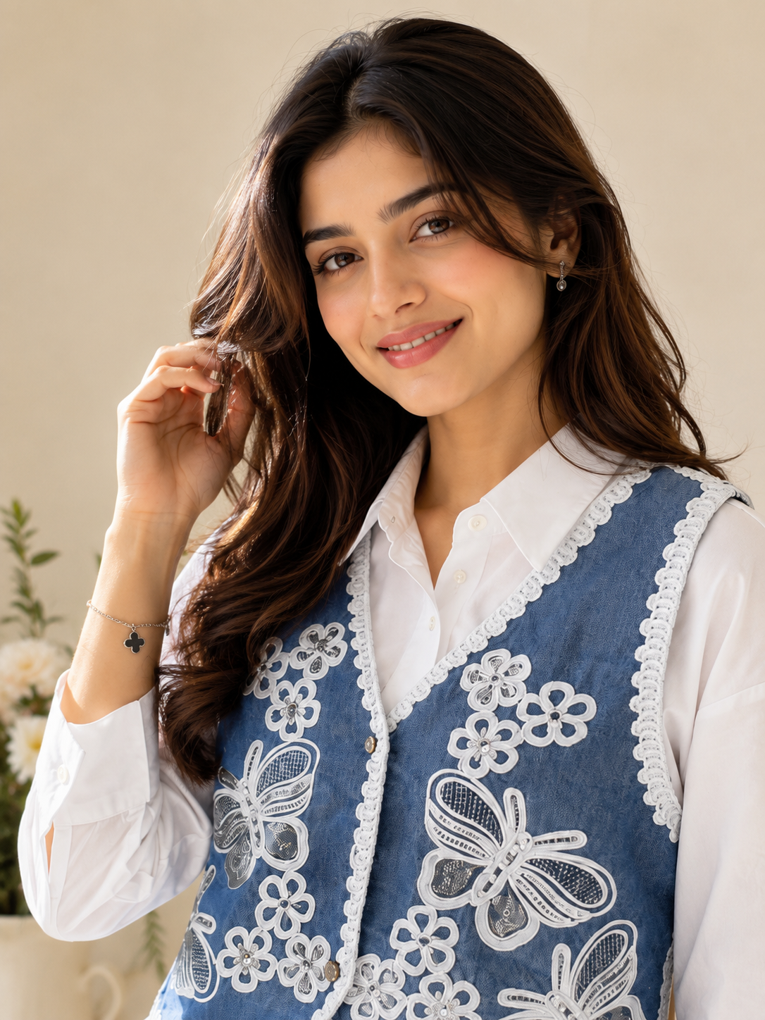 Butterfly Embroidered Denim Vest Co-ord Top