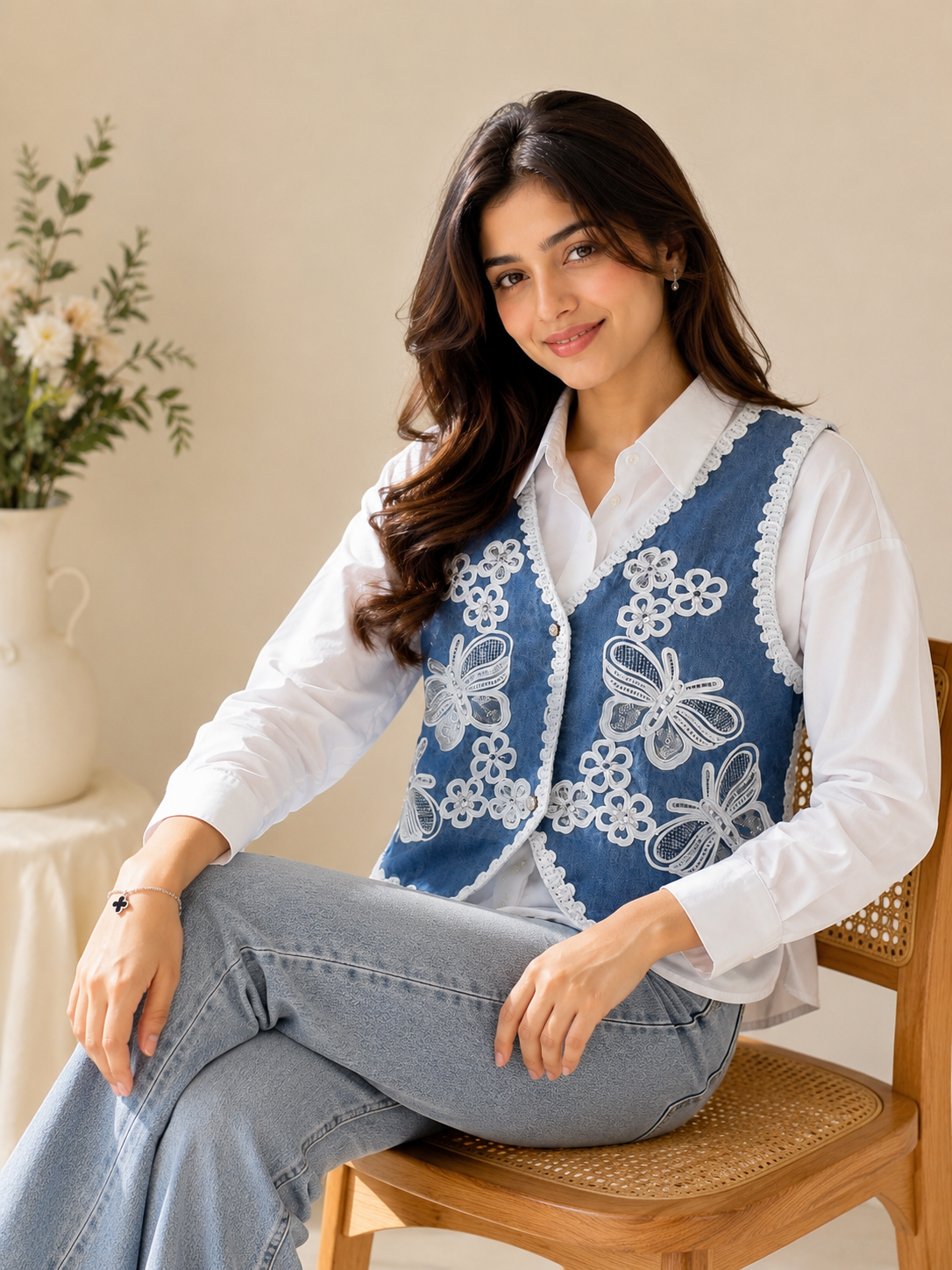 Butterfly Embroidered Denim Vest Co-ord Top